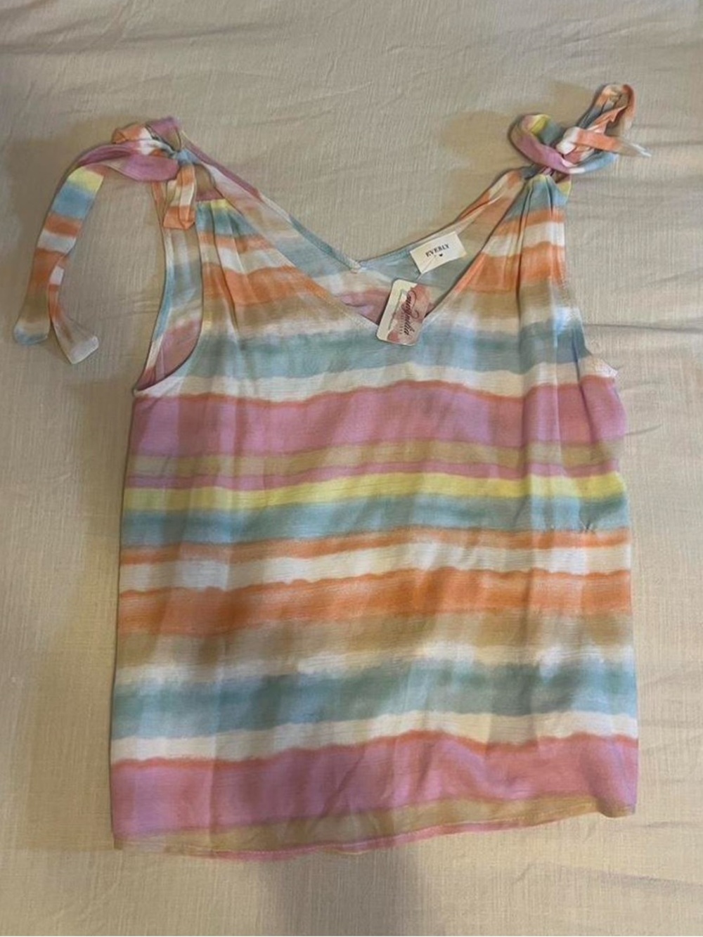 Everly Pastel Stripe V-Neck Top in Blue, Peach, Cream